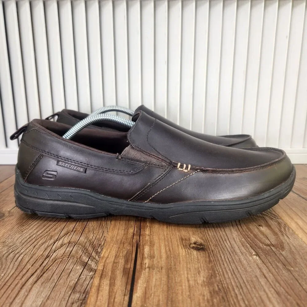 Skechers Relaxed Fit Harper Forde Men's 12 Dark Brown Leather Loafer Shoes 56298